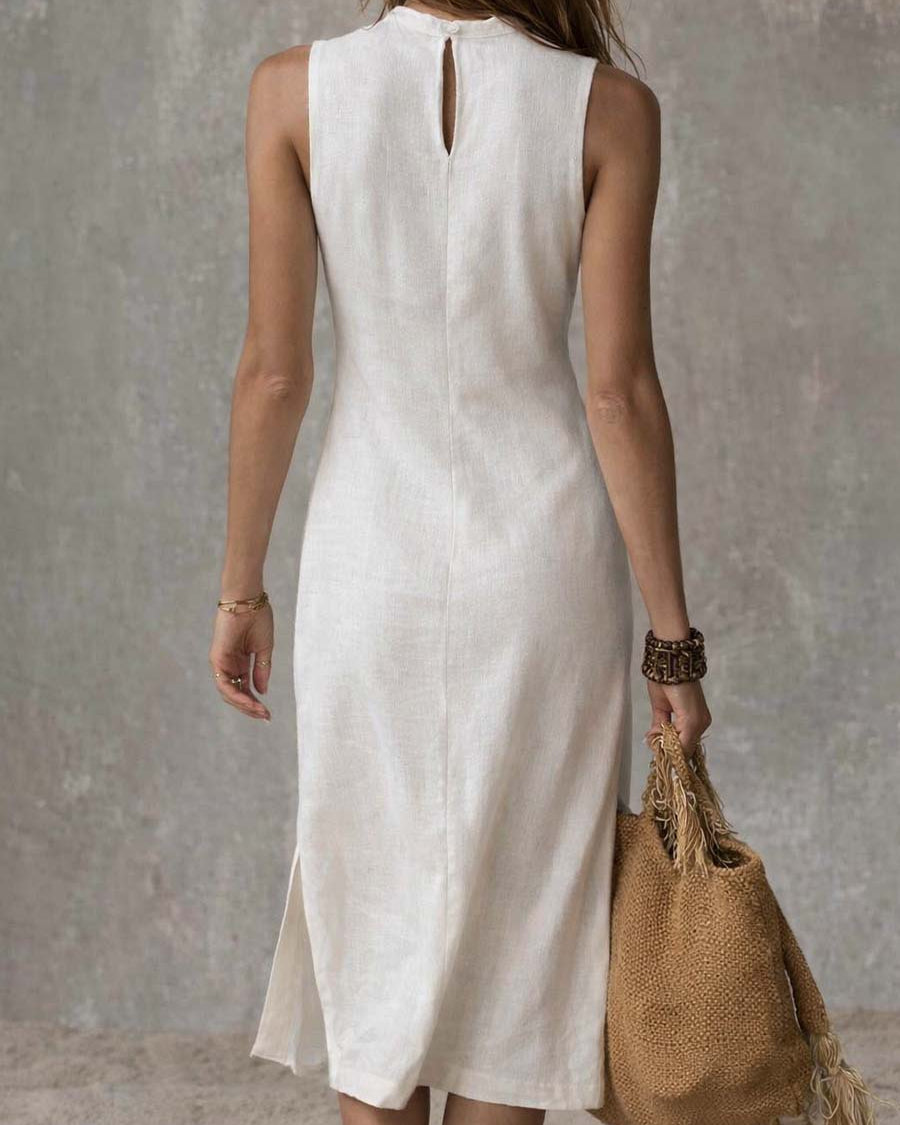 Midikleid aus Baumwolle und Leinen mit Stehkragen und Schlitz am Saum - - Midi Dress - Concept Fashionlab