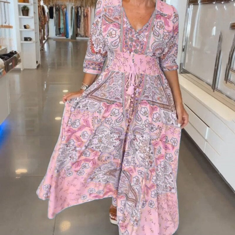 Alira | Kleid mit sieben Ärmeln und V-Ausschnitt - Rosa - - Cow Clothing