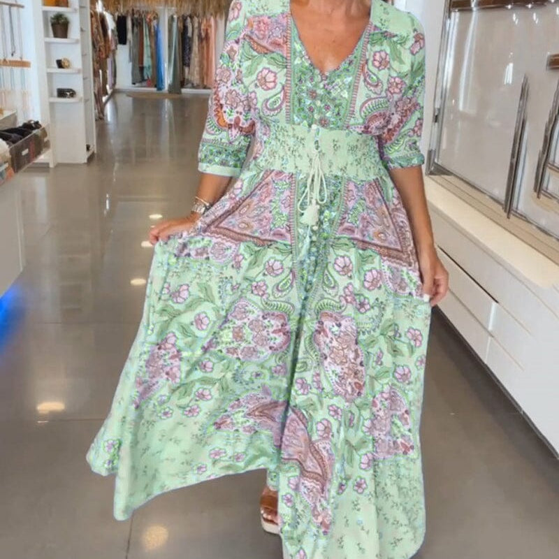 Alira | Kleid mit sieben Ärmeln und V-Ausschnitt - Grün - - Cow Clothing