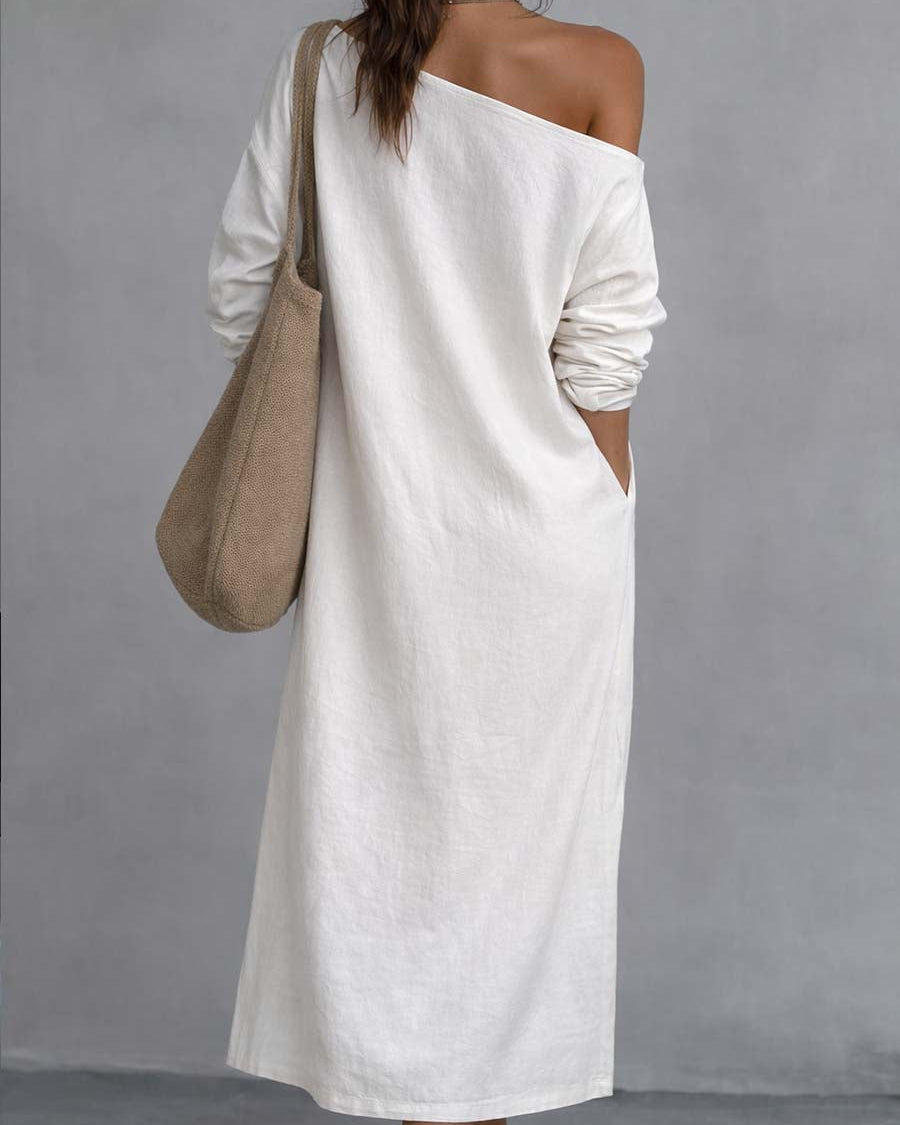 Lockeres Kleid mit einseitigem Träger, Saumschlitz, aus Baumwoll-Leinen-Mischung, Midikleid - - Midi Dress - Concept Fashionlab