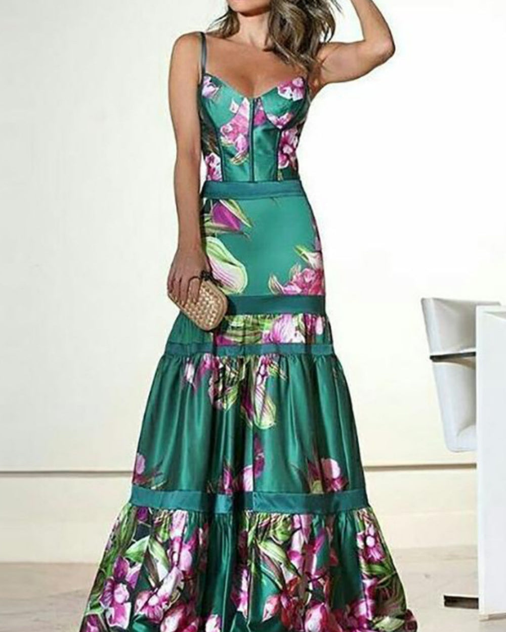 Maxi Satin Long Dress with Printed Panel and Back Straps - - Maxi Dress - Concept Fashionlab