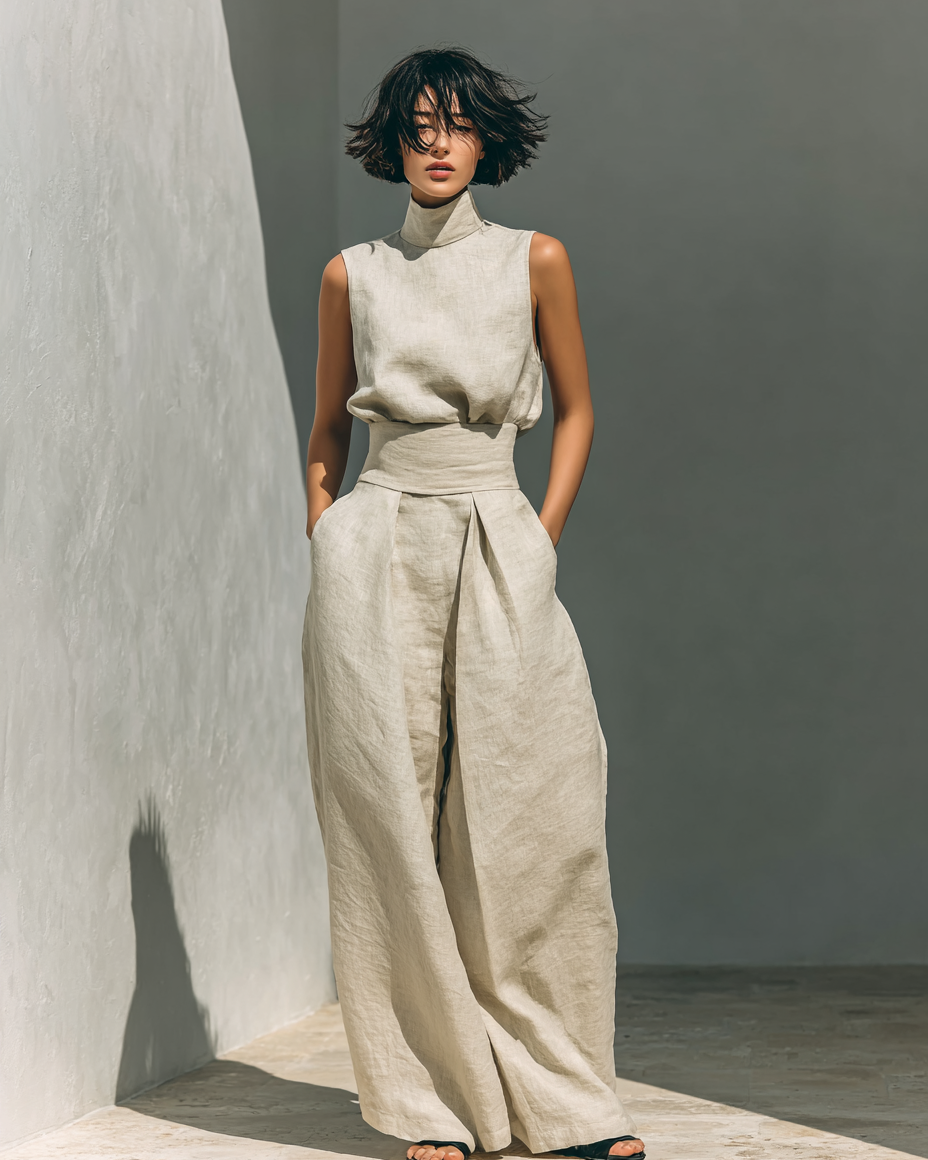 Maria™ | Komplettset mit Tanktop und weiter Baumwoll-Leinenhose - - - Cow Clothing