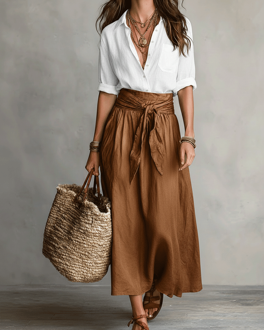 Müheloser Boho-Look: Schwarze Bluse und olivgrüner Satin-Midi-Rock im Set - Weiß - Blouse - Concept Fashionlab