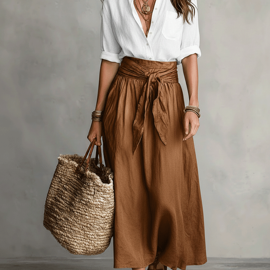 Müheloser Boho-Look: Schwarze Bluse und olivgrüner Satin-Midi-Rock im Set - Weiß - Blouse - Concept Fashionlab
