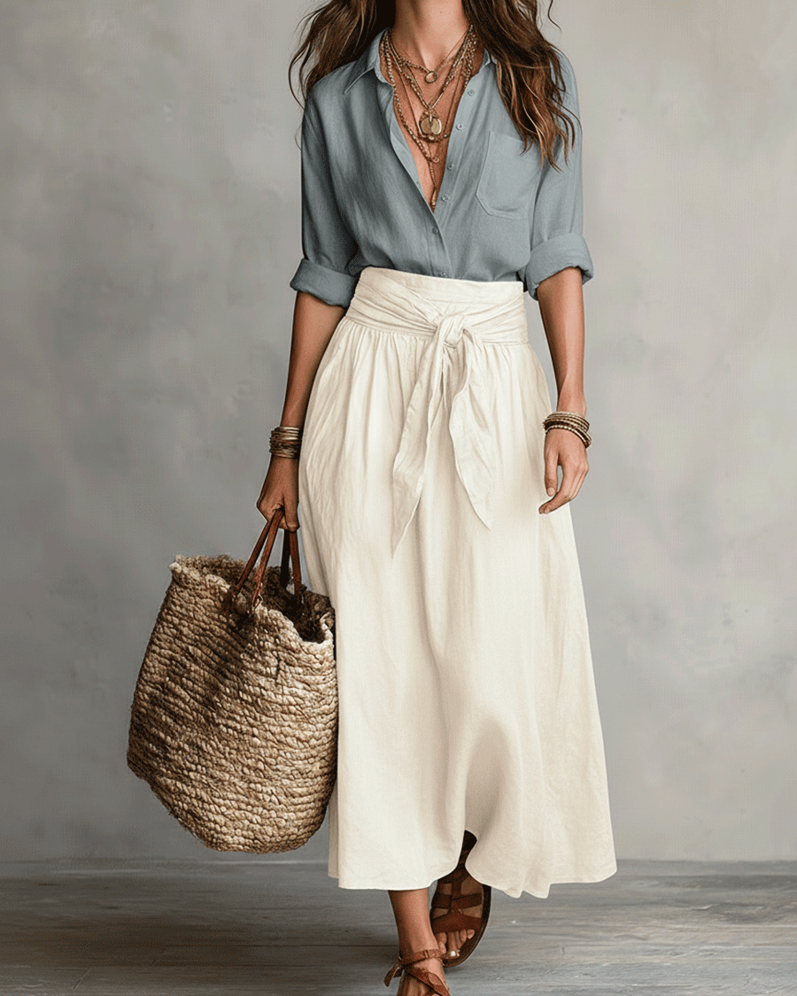 Müheloser Boho-Look: Schwarze Bluse und olivgrüner Satin-Midi-Rock im Set - Blau - Blouse - Concept Fashionlab