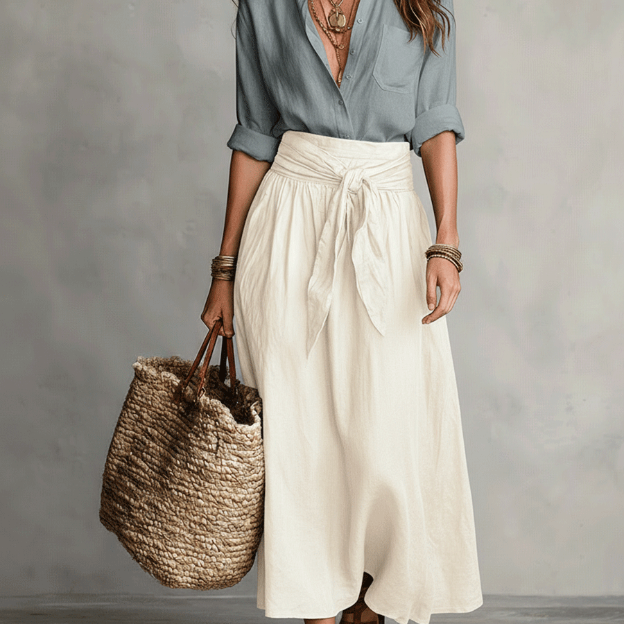 Müheloser Boho-Look: Schwarze Bluse und olivgrüner Satin-Midi-Rock im Set - Blau - Blouse - Concept Fashionlab