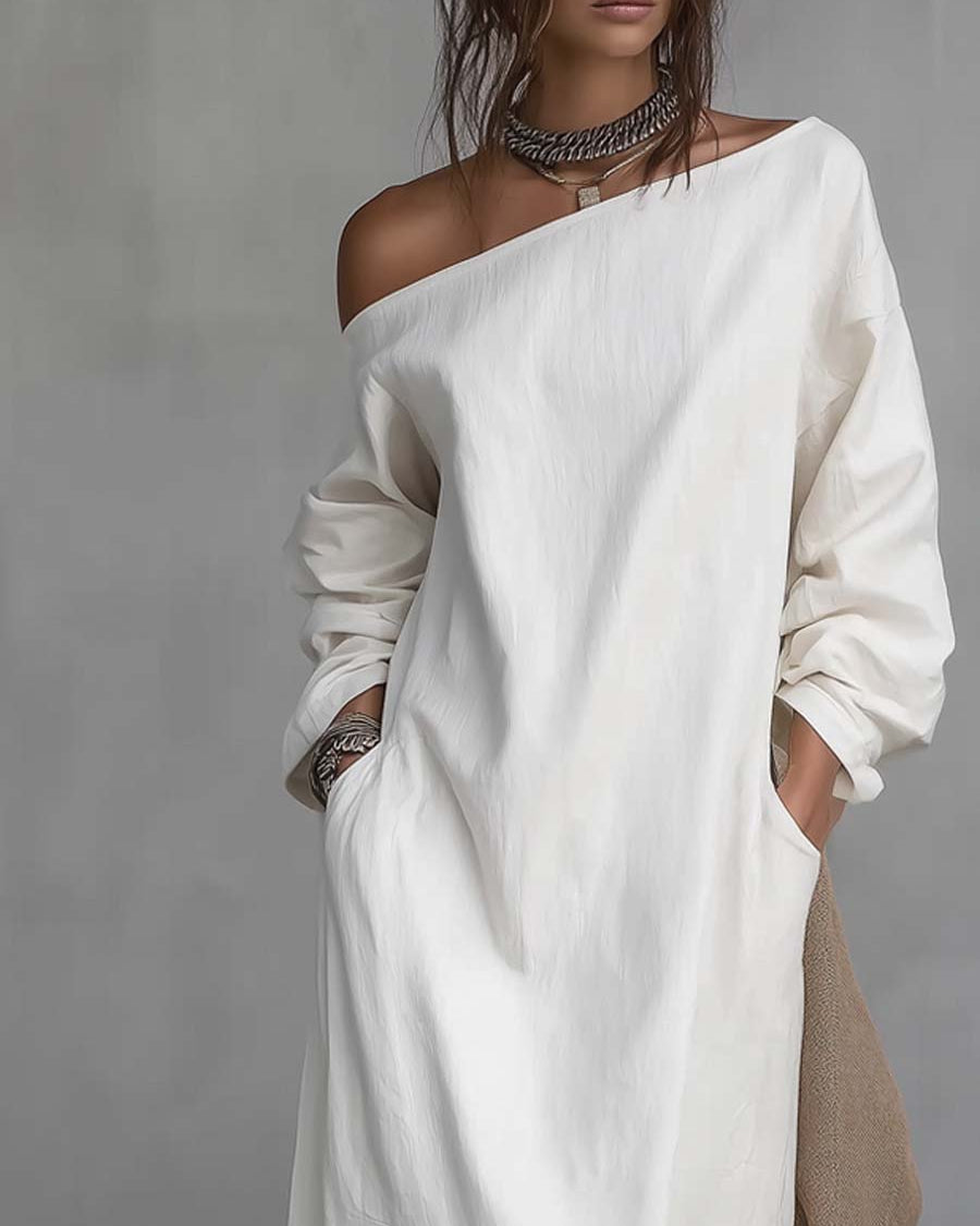 Lockeres Kleid mit einseitigem Träger, Saumschlitz, aus Baumwoll-Leinen-Mischung, Midikleid - - Midi Dress - Concept Fashionlab