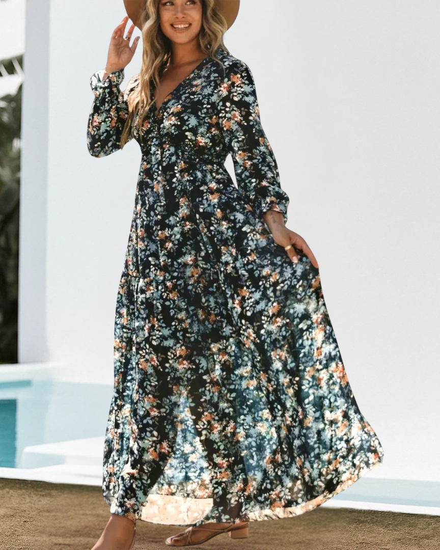 Juliana – Elegantes Blumenkleid - Marineblau - - Cow Clothing