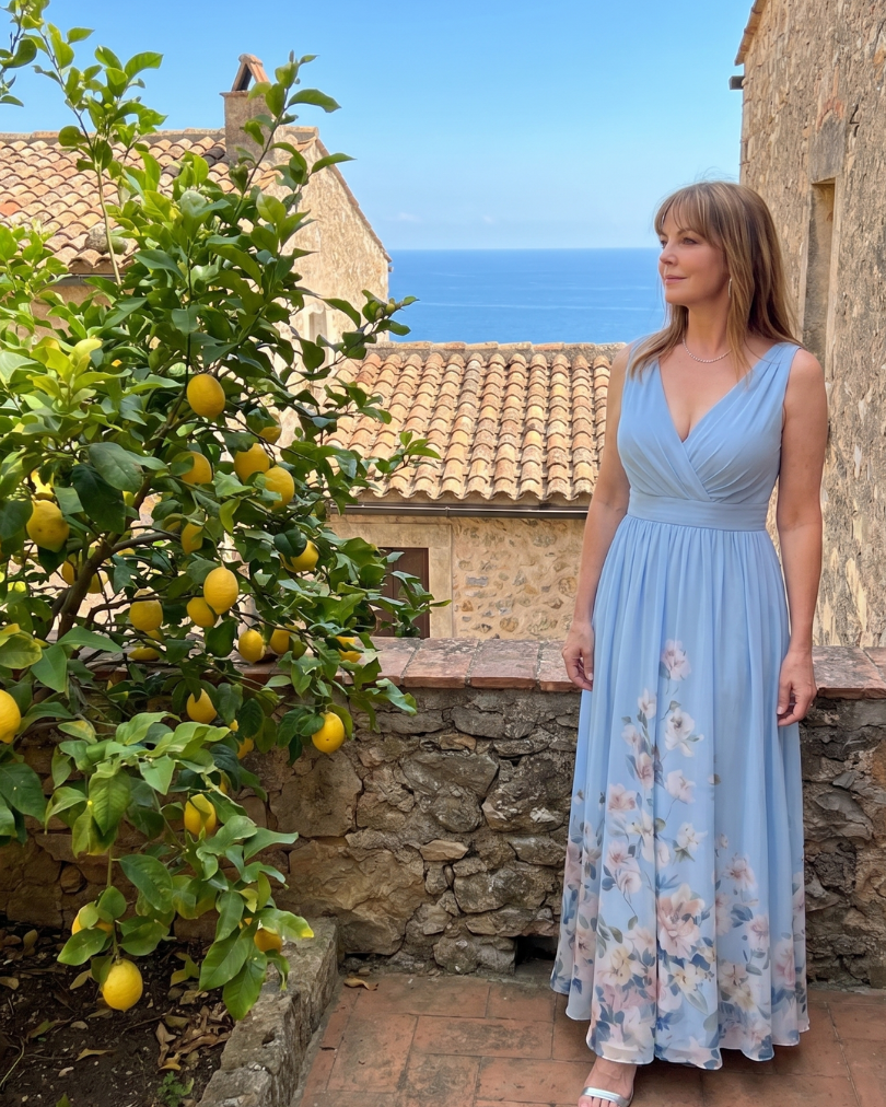 Clarissa | Ärmelloses Midikleid mit V-Ausschnitt und weichem Blumensaum - - - DUUWE