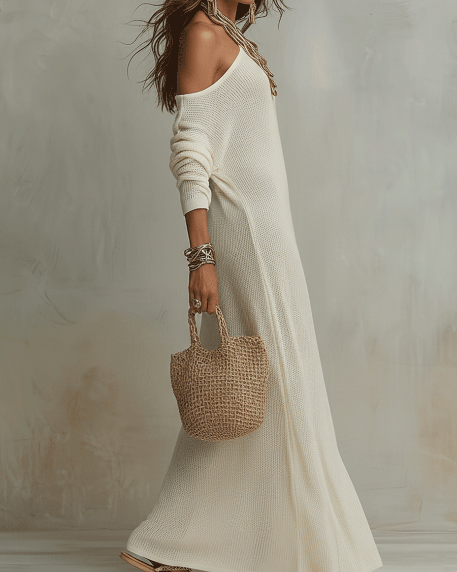 Boho-Einschulter-Maxikleid mit Textur in zartem Elfenbein - Elfenbein - Maxi Dress - Concept Fashionlab