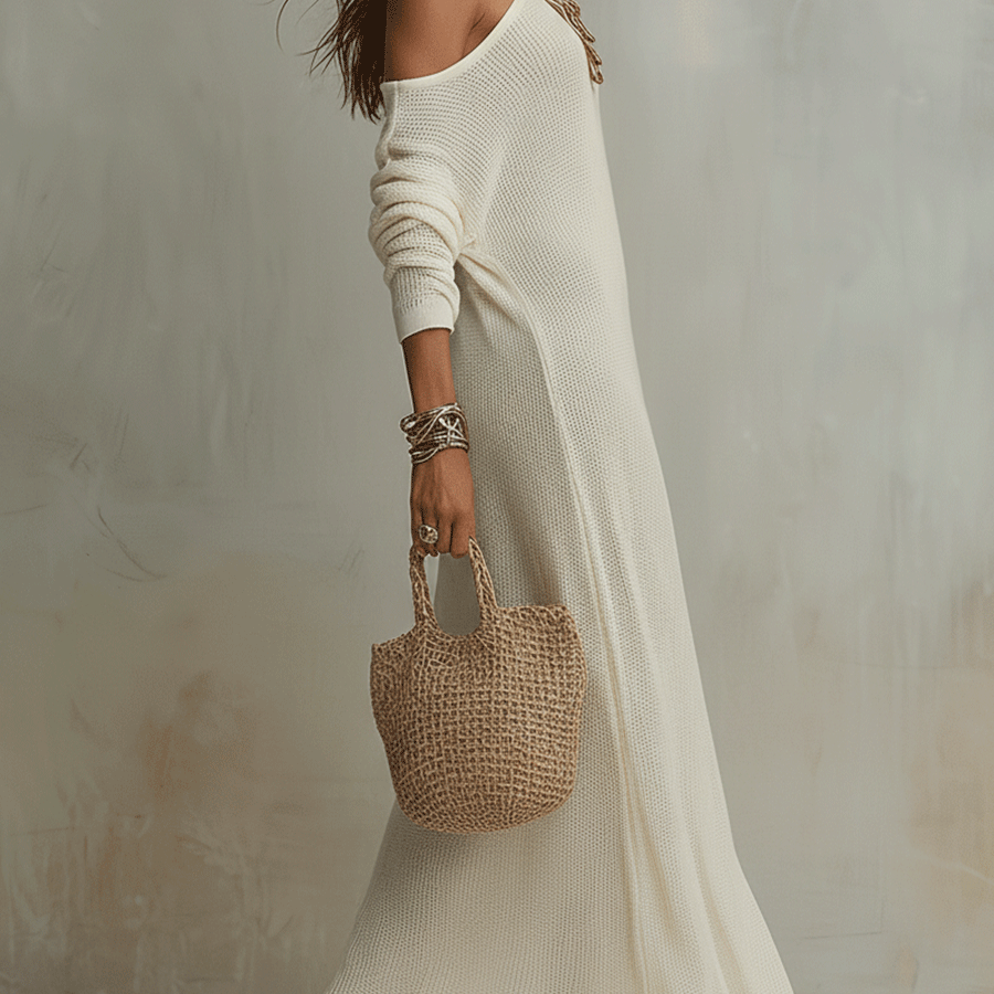 Boho-Einschulter-Maxikleid mit Textur in zartem Elfenbein - Elfenbein - Maxi Dress - Concept Fashionlab