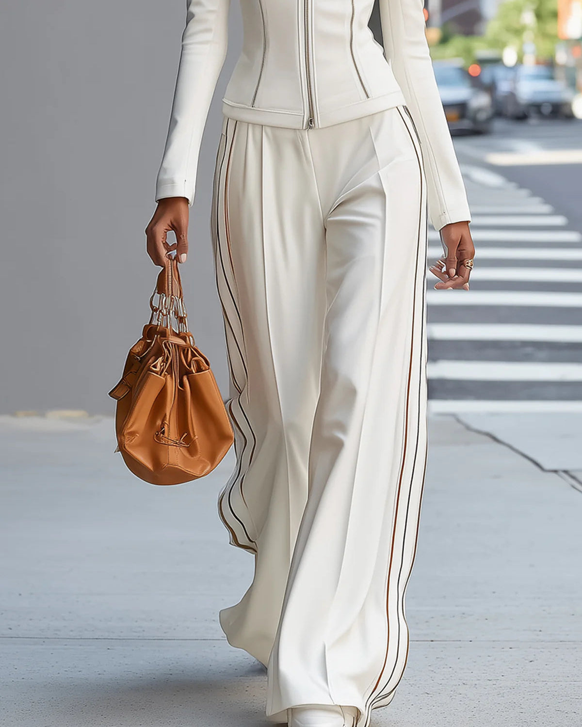 White Stand-Up Collar Zip-Up Top with Wide-Leg Pants Set - - Two-Piece Set - Concept Fashionlab