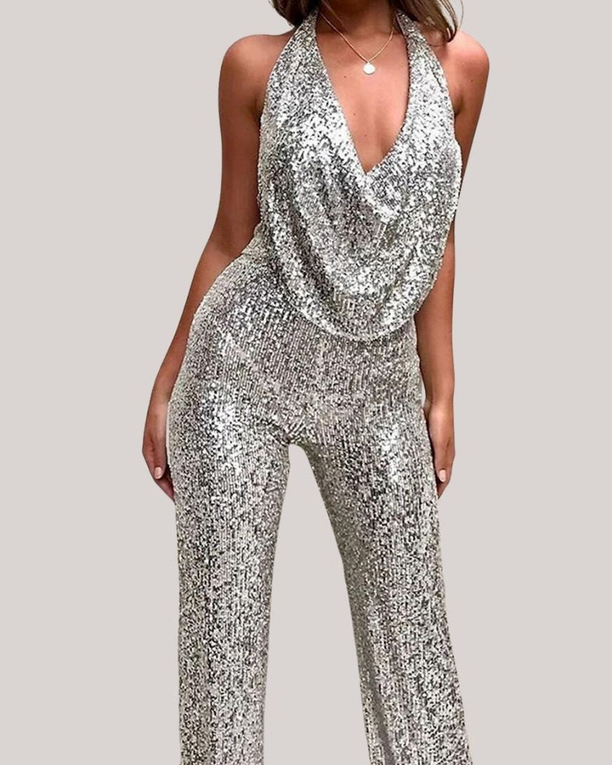 Melody - Pailletten-Halter-Jumpsuit - Silber - Jumpsuit - Concept Fashionlab Boutique