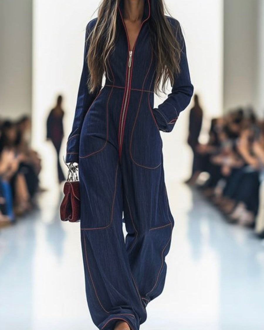 Overall mit Langarm, weitem Bein, Reißverschluss und Stehkragen - - Jumpsuits - Concept Fashionlab