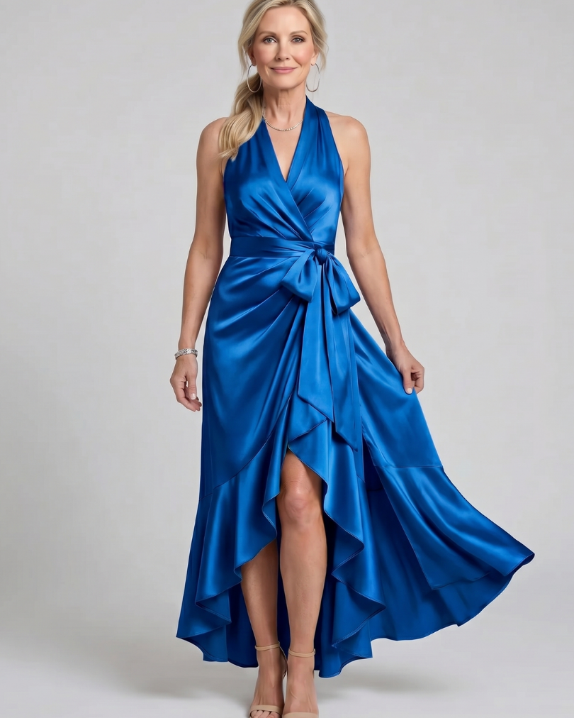 Honora | Neckholder-Wickelkleid mit asymmetrischem Saum - Blau - - DUUWE