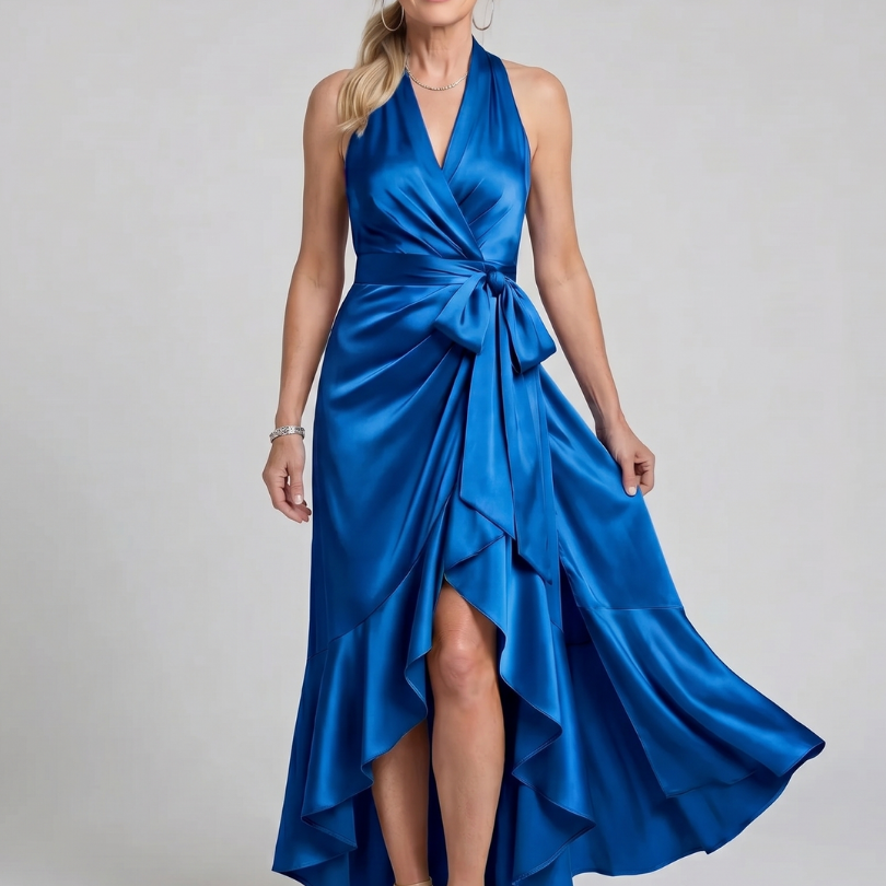 Honora | Neckholder-Wickelkleid mit asymmetrischem Saum - Blau - - DUUWE