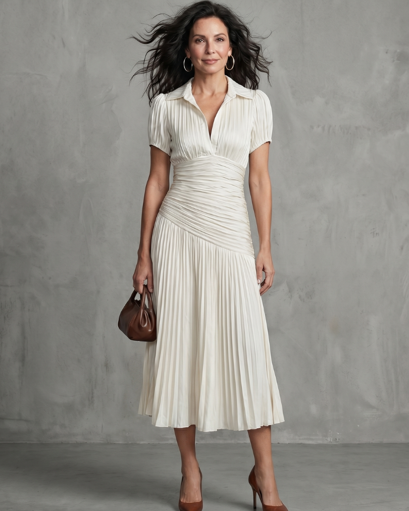 Theodora | Gestreiftes Midikleid mit plissierter Taille - - - DUUWE