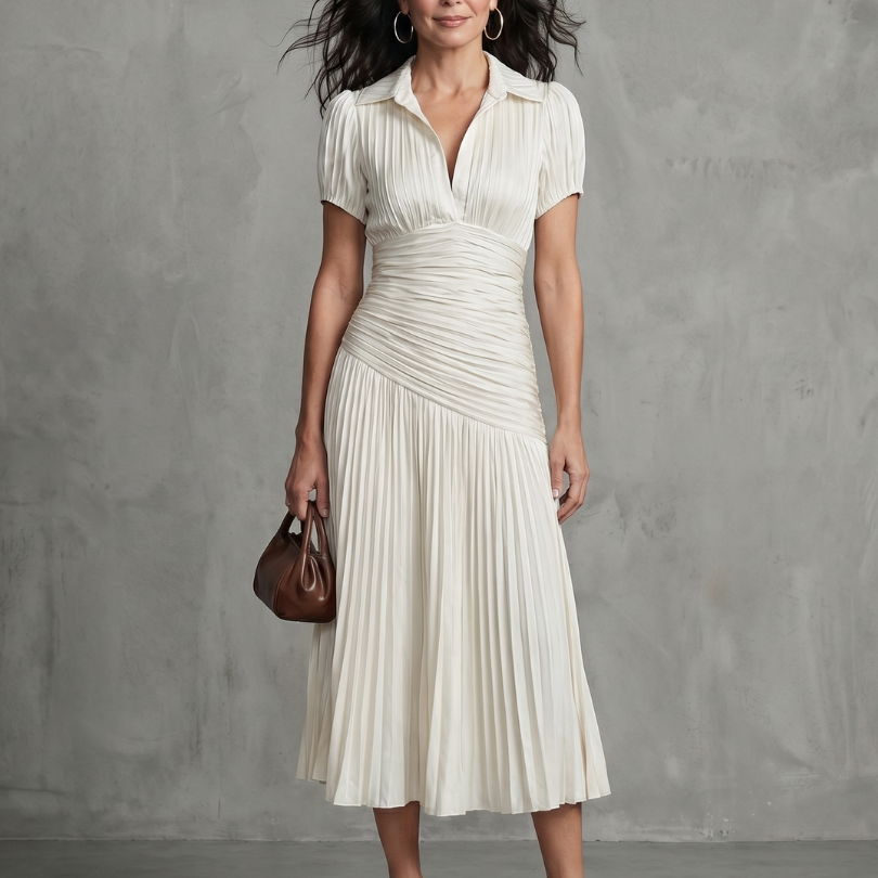 Theodora | Gestreiftes Midikleid mit plissierter Taille - Weiß - - DUUWE