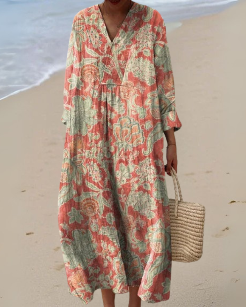 Ellis – Vintage-Blumenkleid - Lange Ärmel mit V-Ausschnitt - - Cow Clothing
