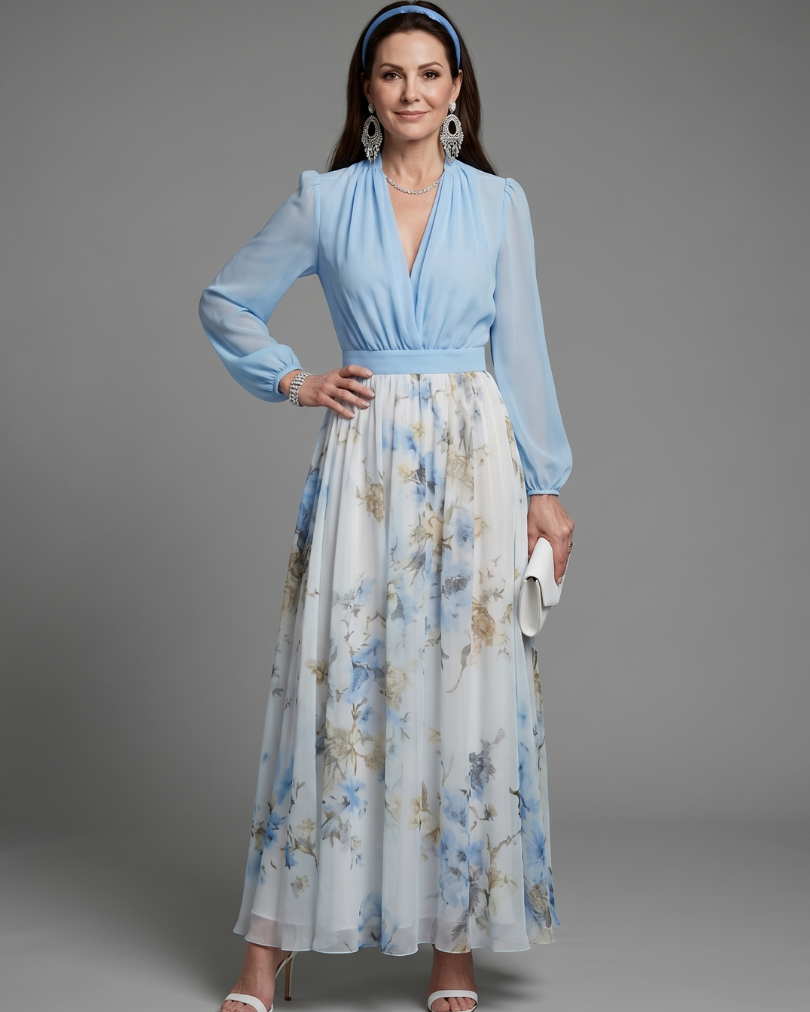 Augusta | Geblümtes Maxikleid mit V-Ausschnitt und durchsichtigem Oberteil - Himmelblau - - DUUWE