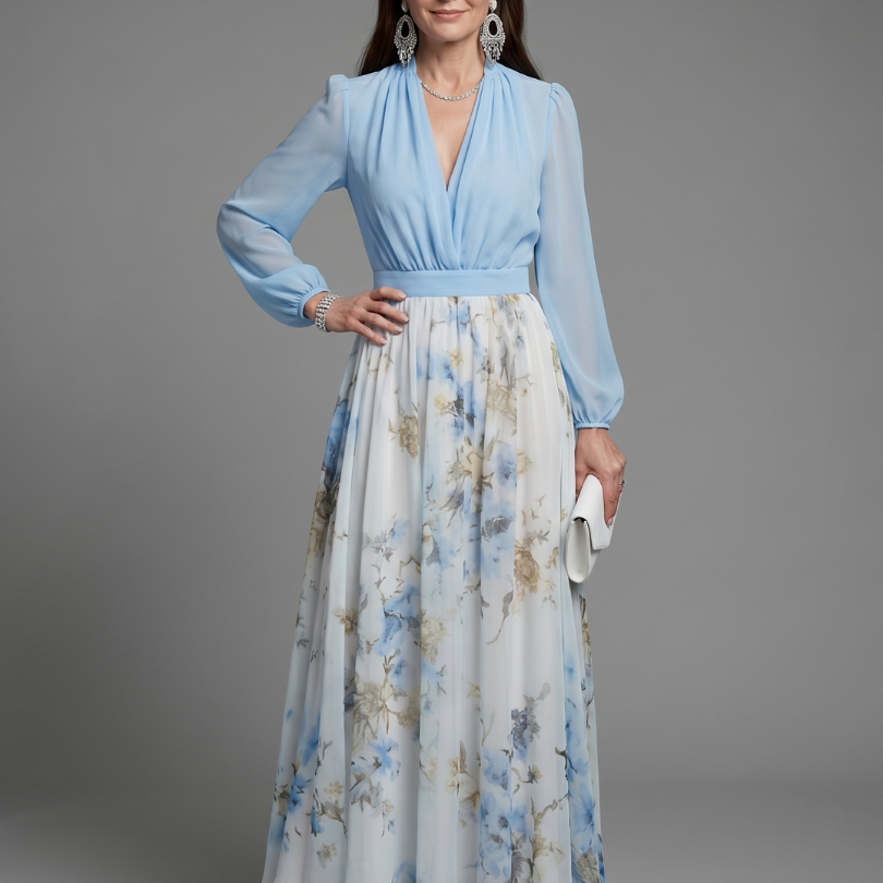 Augusta | Geblümtes Maxikleid mit V-Ausschnitt und durchsichtigem Oberteil - Himmelblau - - DUUWE