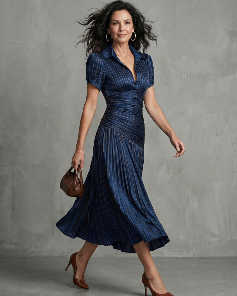 Theodora | Gestreiftes Midikleid mit plissierter Taille - Blau - - DUUWE