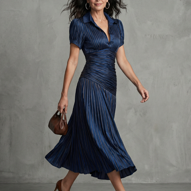 Theodora | Gestreiftes Midikleid mit plissierter Taille - Blau - - DUUWE