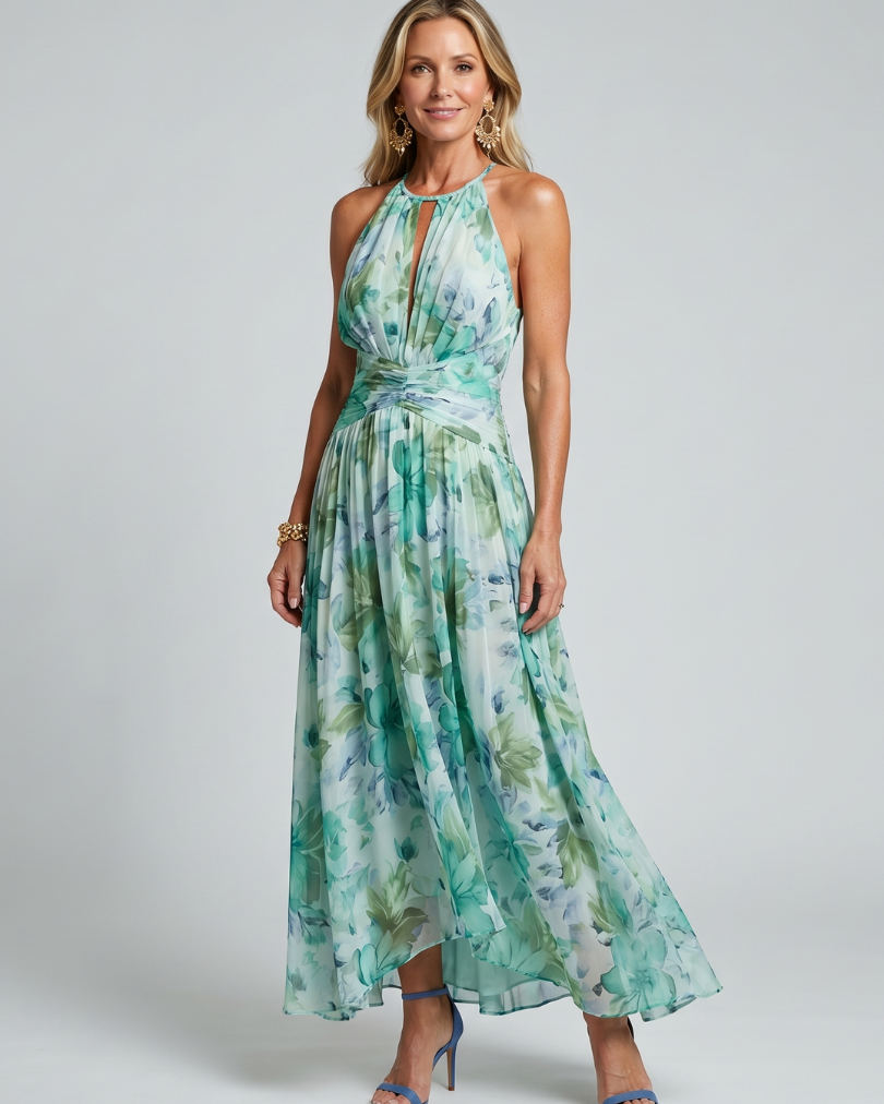 Portia | Plissee-Neckholder-Midikleid mit weichem Blumenmuster - Grün - - DUUWE