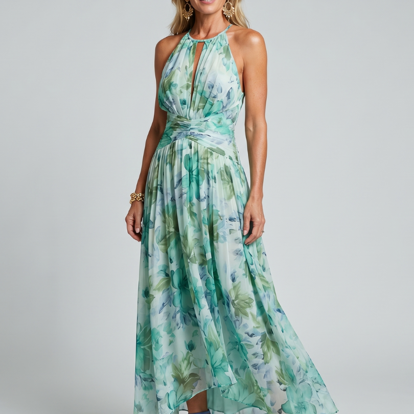 Portia | Plissee-Neckholder-Midikleid mit weichem Blumenmuster - Grün - - DUUWE