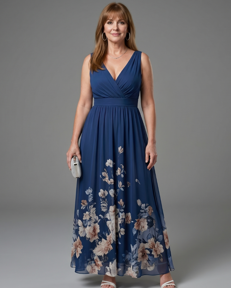Clarissa | Ärmelloses Midikleid mit V-Ausschnitt und weichem Blumensaum - Marine - - DUUWE
