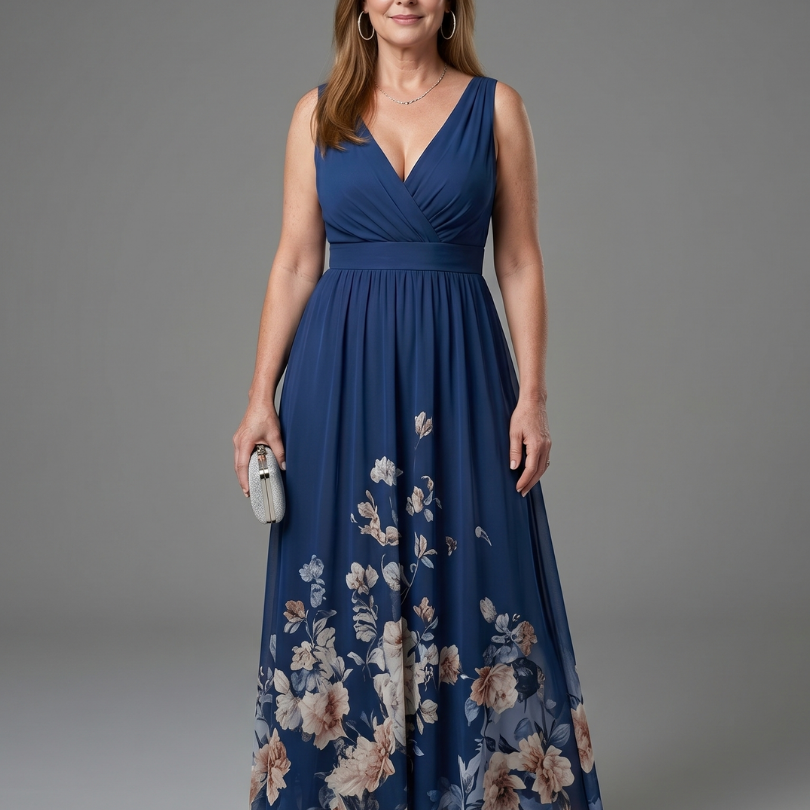 Clarissa | Ärmelloses Midikleid mit V-Ausschnitt und weichem Blumensaum - Marine - - DUUWE