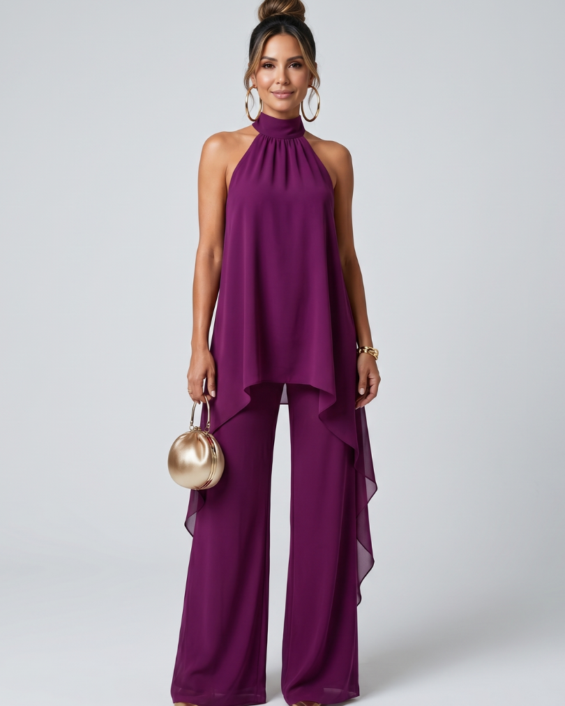 Zareen | Asymmetrisches Tunika-Oberteil mit weitem Bein und Hosen-Set - Lila - - DUUWE