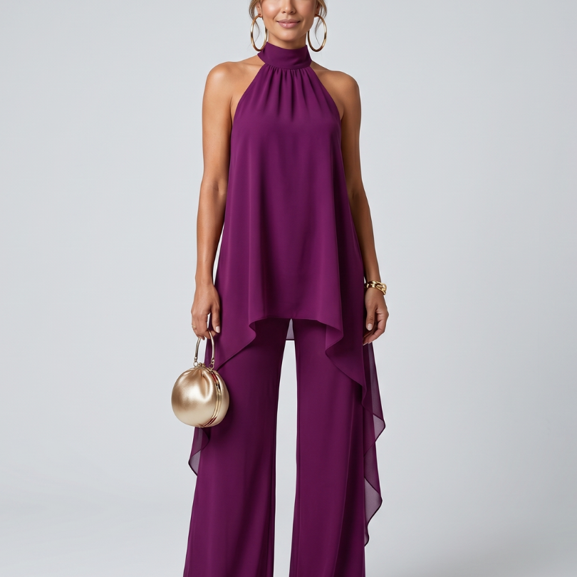 Zareen | Asymmetrisches Tunika-Oberteil mit weitem Bein und Hosen-Set - Lila - - DUUWE