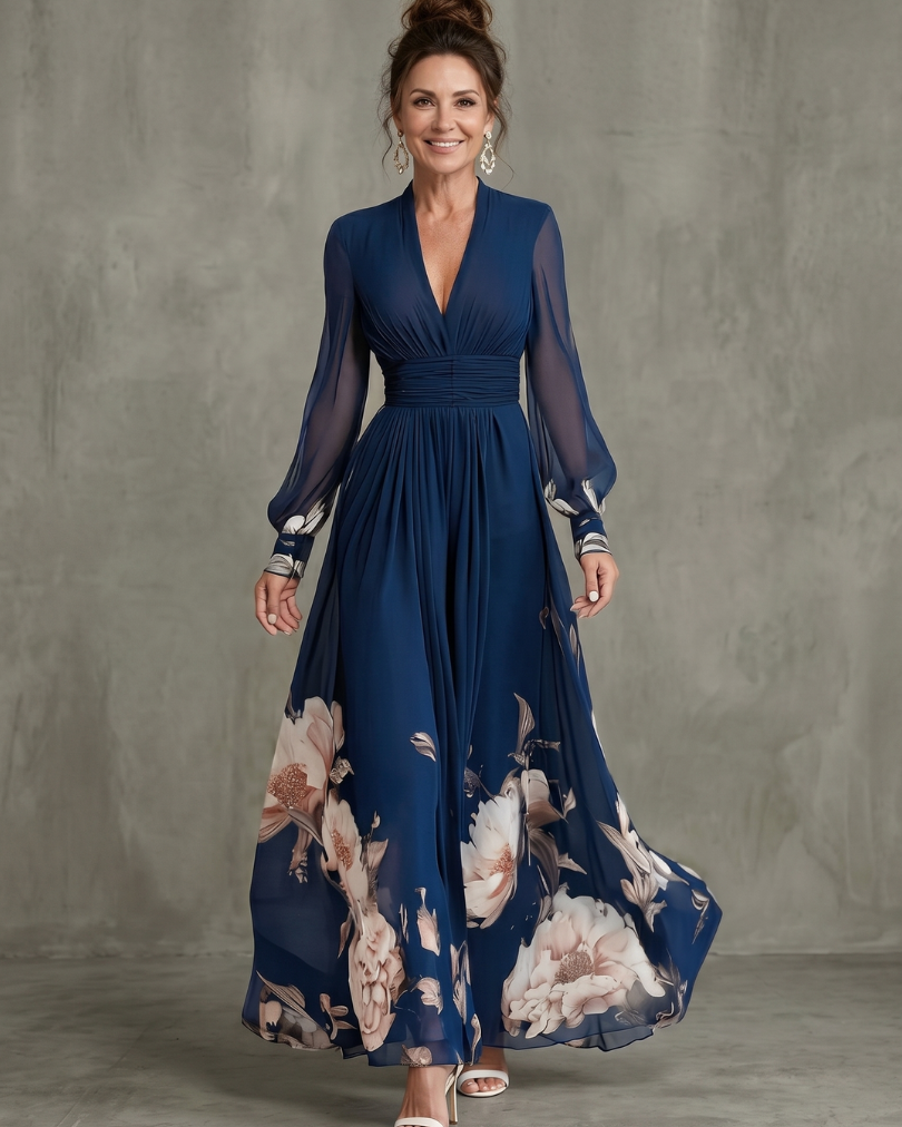 Ziva | Maxikleid mit plissierten, transparenten Ärmeln - Marine - - DUUWE