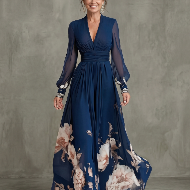 Ziva | Maxikleid mit plissierten, transparenten Ärmeln - Marine - - DUUWE