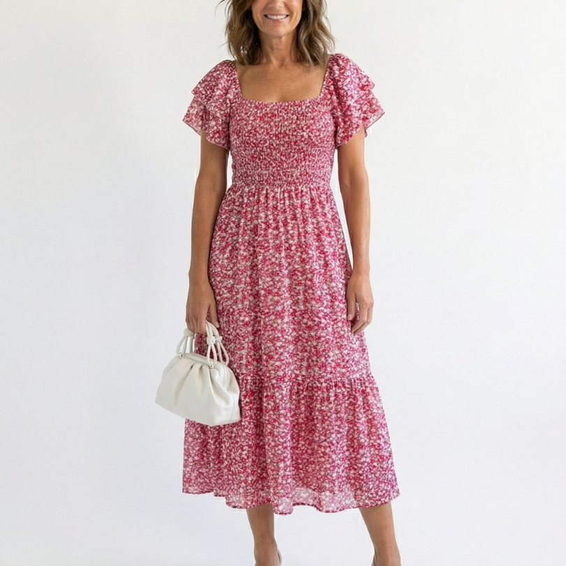 Odette | Schulterfreies, gesmoktes Midikleid mit Blumenmuster