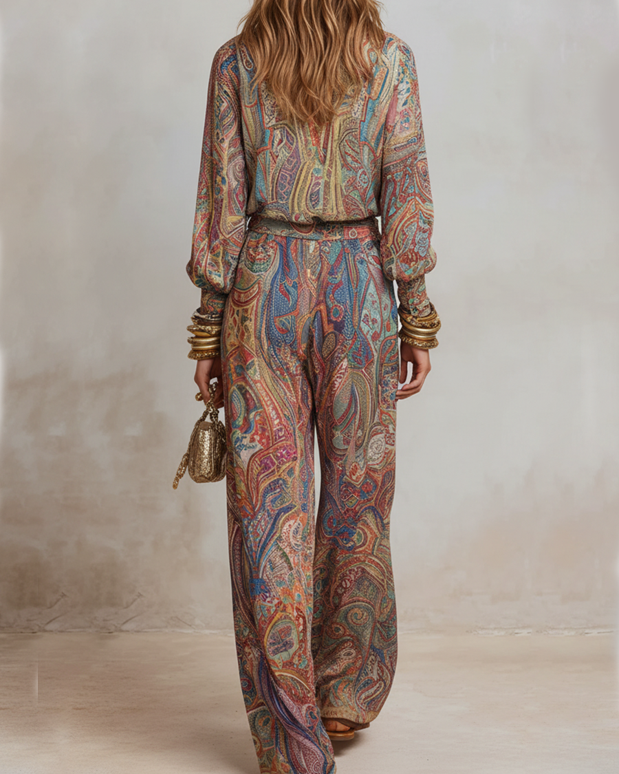 Exquisiter Paisley-Muster-Hosenanzug mit weitem Bein - - Set - Concept Fashionlab