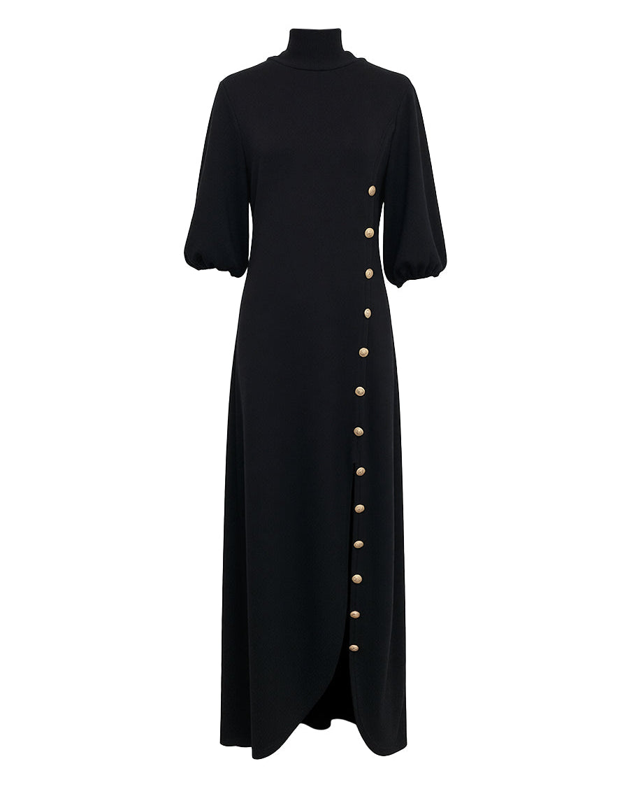 Maxikleider mit Stehkragen, lockeren Puffärmeln, geknöpft und seitlich geschlitzt - - Maxi Dress - Concept Fashionlab