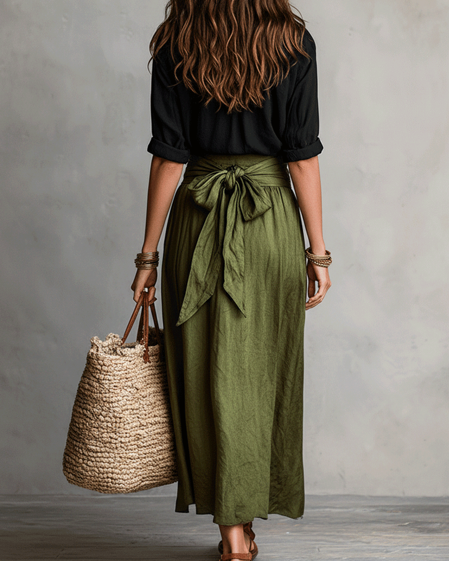 Müheloser Boho-Look: Schwarze Bluse und olivgrüner Satin-Midi-Rock im Set - - Blouse - Concept Fashionlab