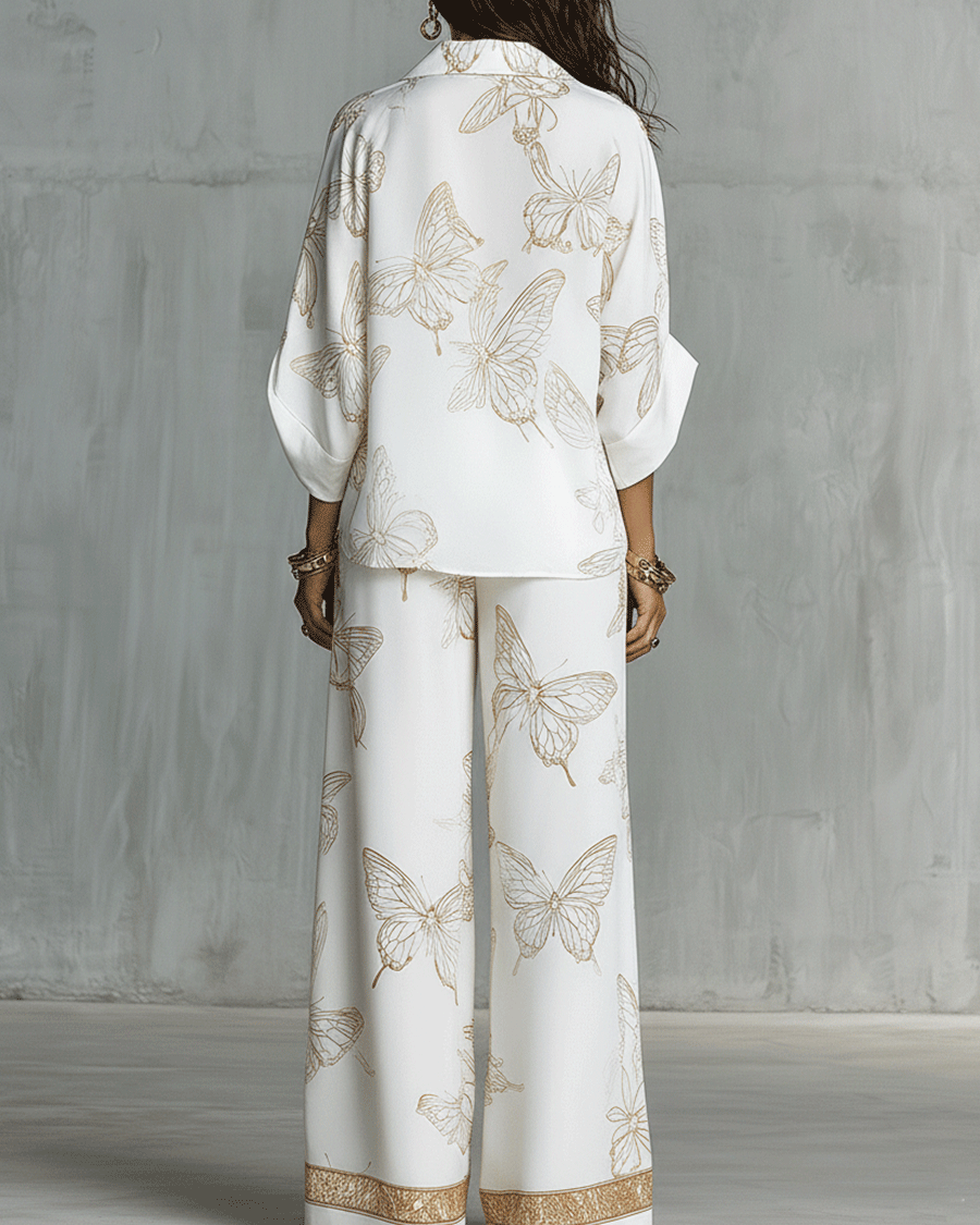 Boho-Luxus Schmetterlings-Jacquard-Bluse und Palazzohose-Set - - Blouse - Concept Fashionlab