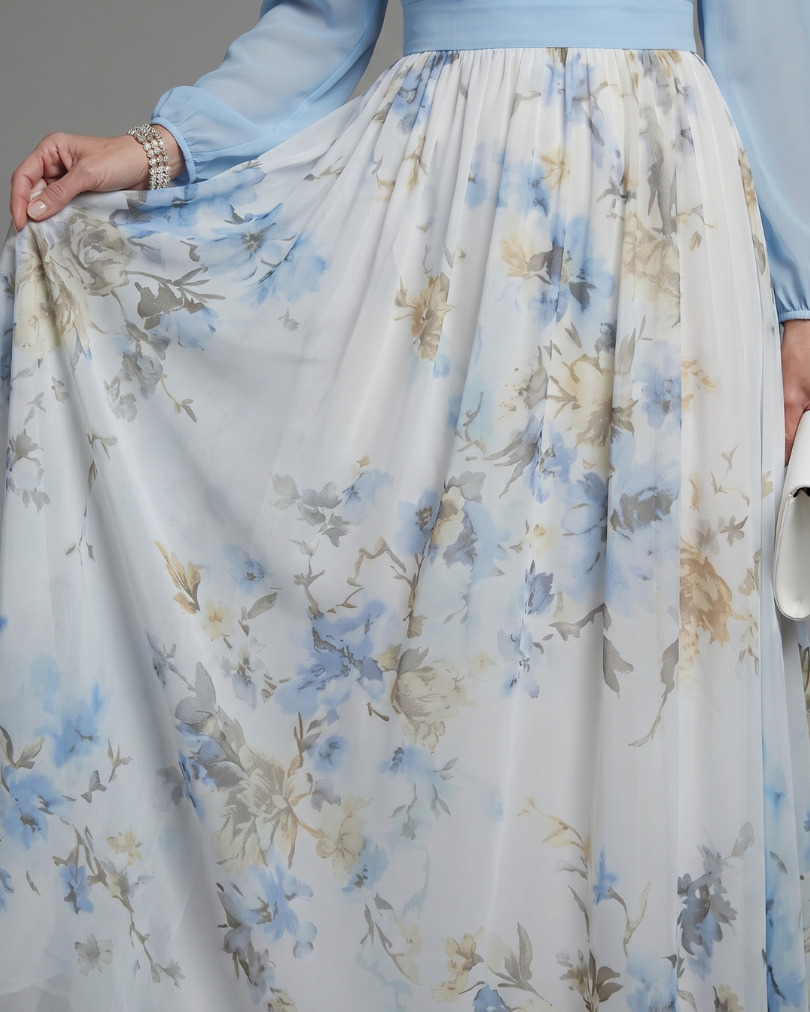 Augusta | Geblümtes Maxikleid mit V-Ausschnitt und durchsichtigem Oberteil - - - DUUWE