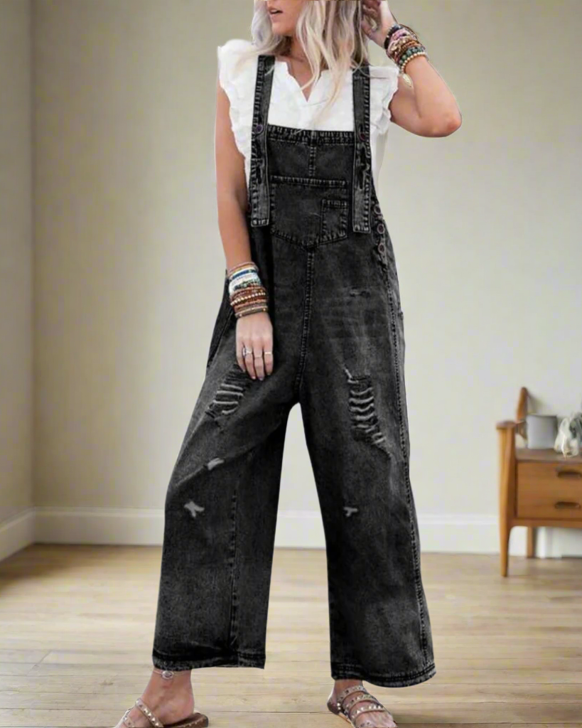 Vintage-Wash Verstellbarer Jumpsuit – Retro-Chic, figurschmeichelnde Passform Damen - Schwarz - Jumpsuit - Concept Fashionlab