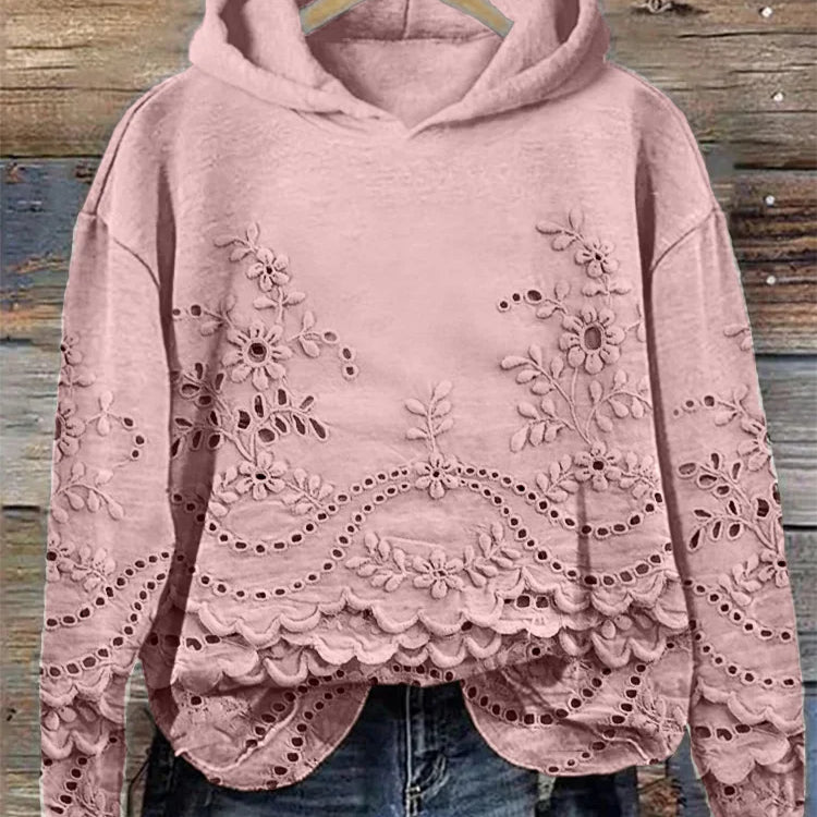 Damen Strickpullover mit Kapuze und floralen Details
