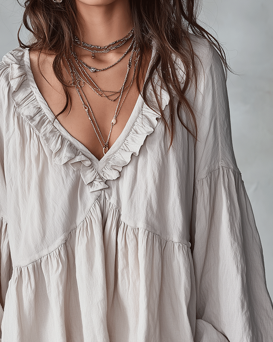 Damen Luftige, vintage-inspirierte Boho-Bluse mit weichen Rüschen - - Damen > Blusen - Concept Fashionlab