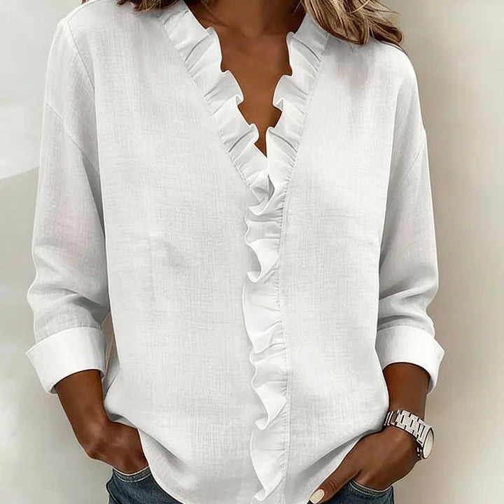 Elegante Bluse mit Rüschen, V-Ausschnitt und langen Ärmeln Damen