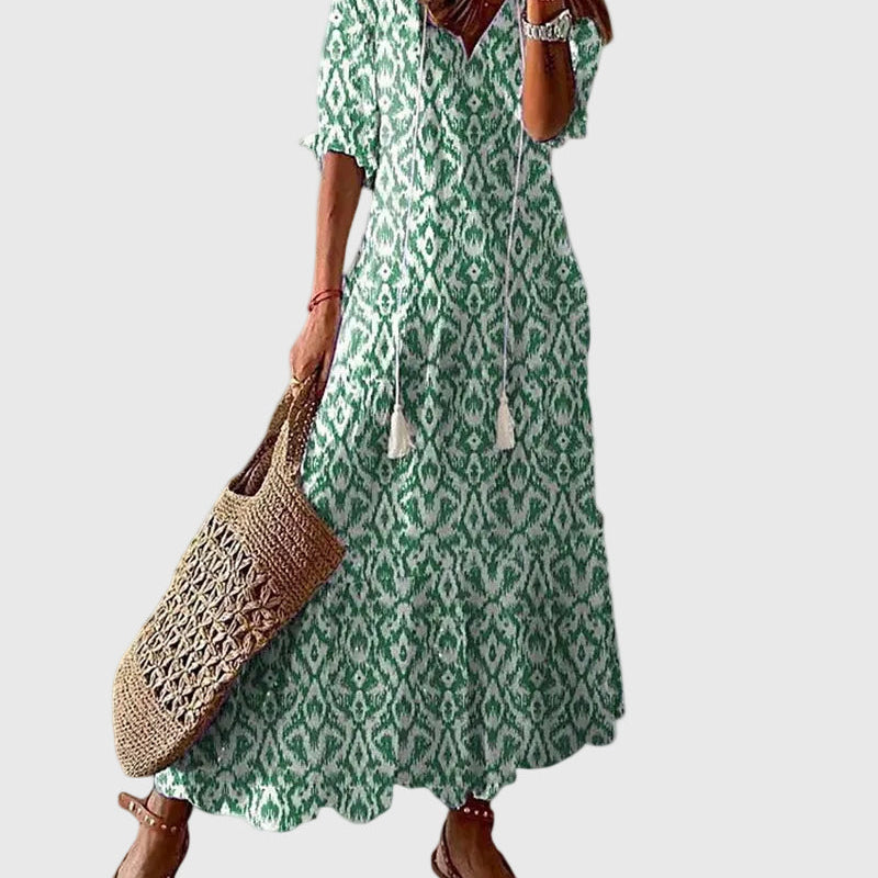 Amalia | Boho Vintage Sommer Maxikleid - Grün - - Cow Clothing