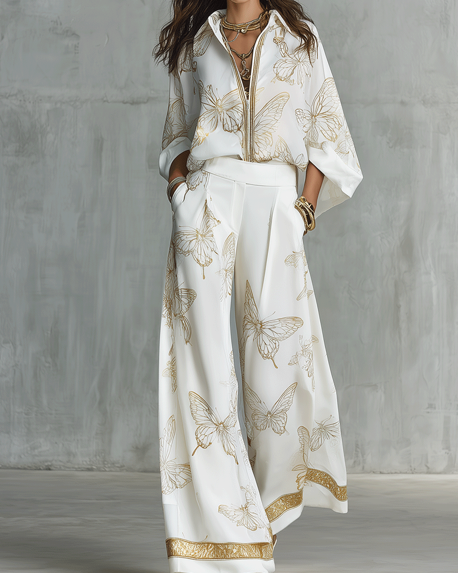Boho-Luxus Schmetterlings-Jacquard-Bluse und Palazzohose-Set - Weiß - Blouse - Concept Fashionlab