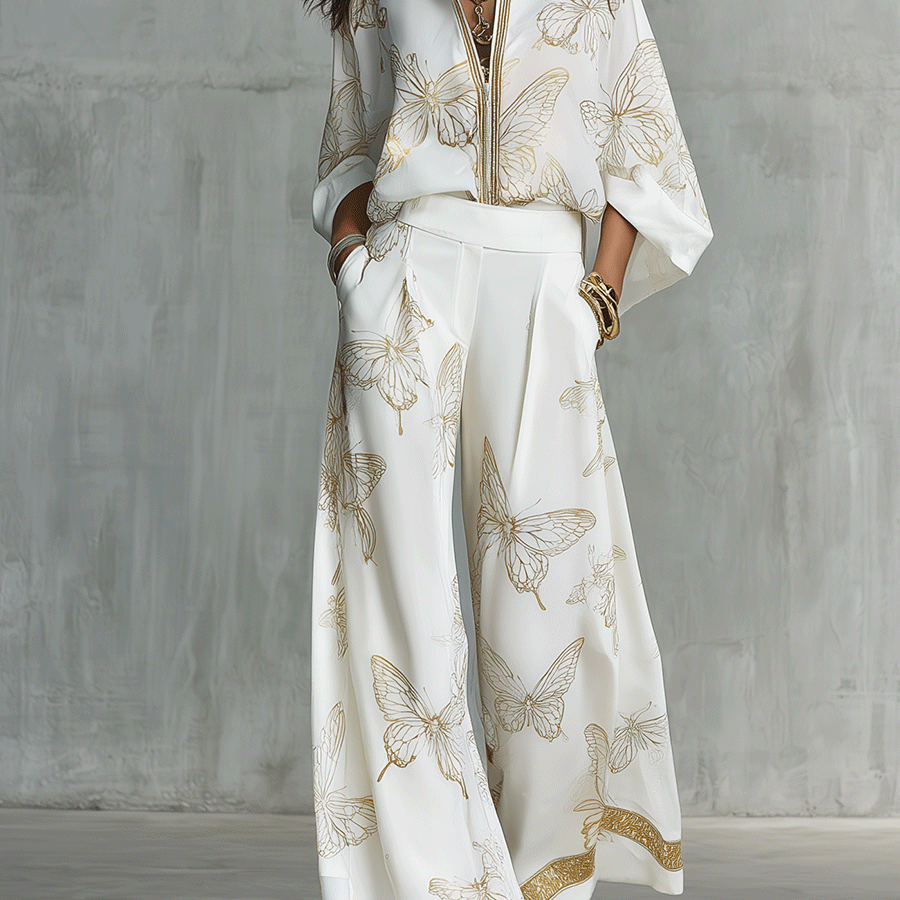 Boho-Luxus Schmetterlings-Jacquard-Bluse und Palazzohose-Set - Weiß - Blouse - Concept Fashionlab