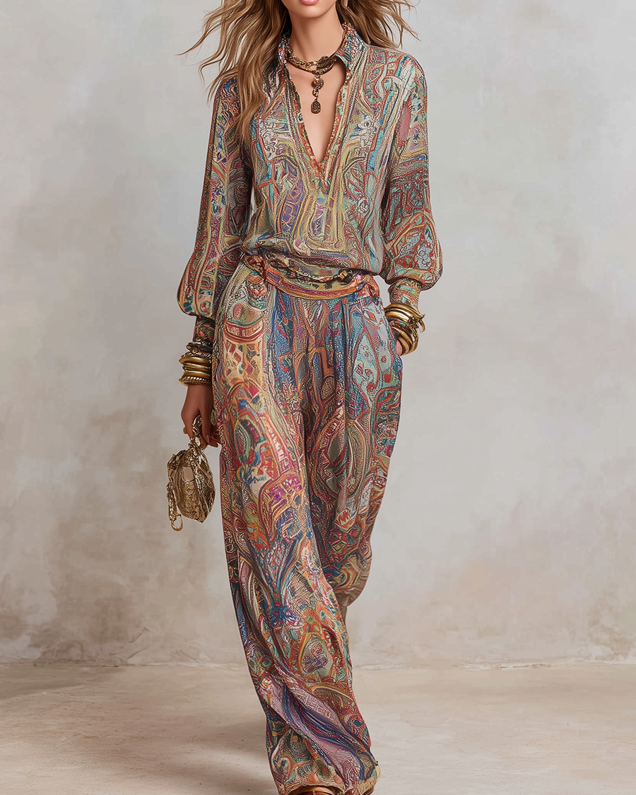Exquisiter Paisley-Muster-Hosenanzug mit weitem Bein - braun - Set - Concept Fashionlab