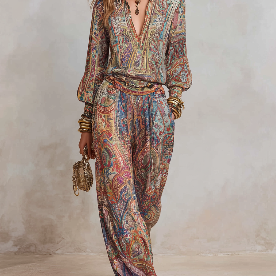 Exquisiter Paisley-Muster-Hosenanzug mit weitem Bein - braun - Set - Concept Fashionlab